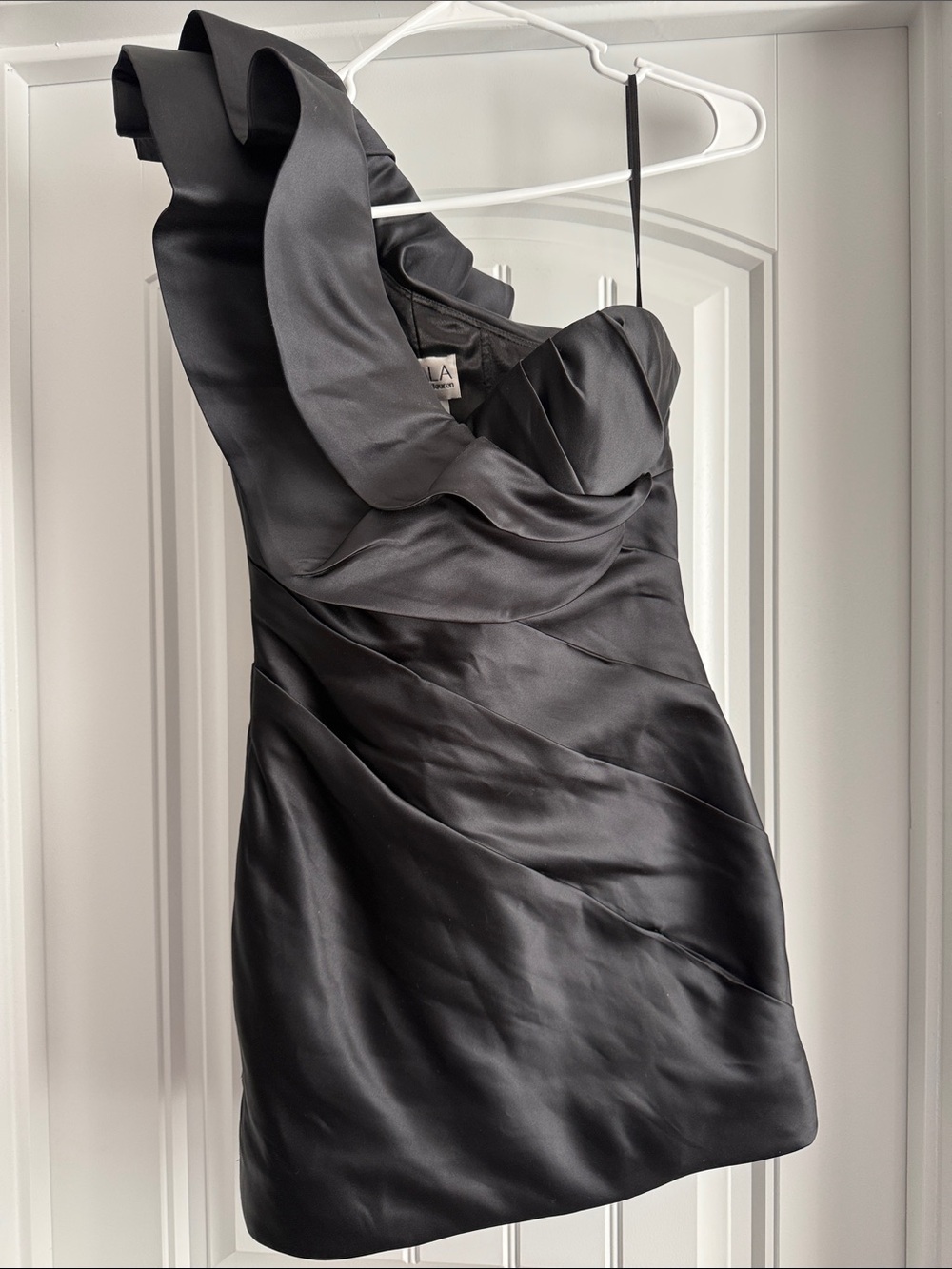 Scala by Ashley Lauren One-Shoulder Black Satin Mini Dress